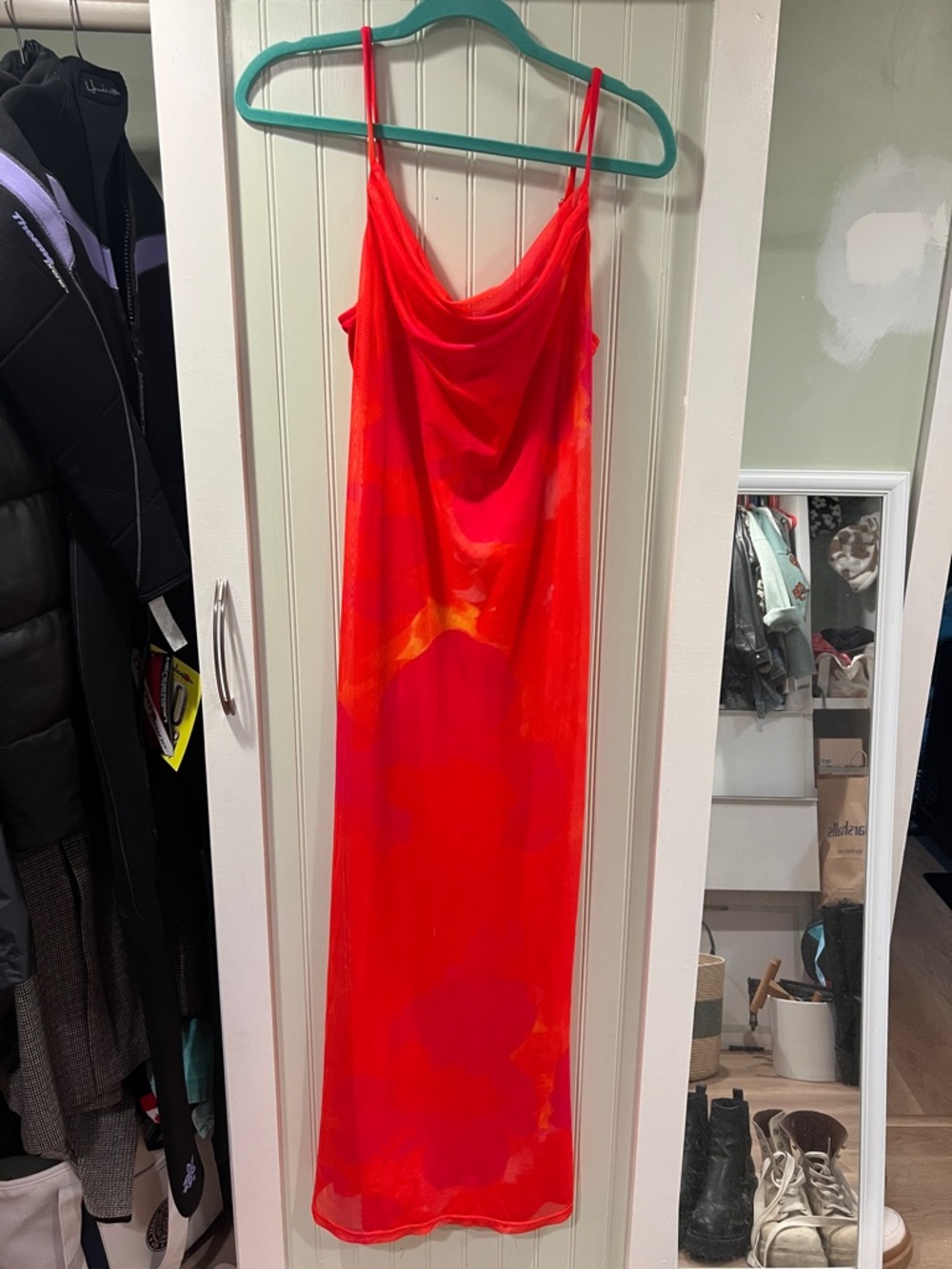 Red Midi Slip Dress with Cowl Neck